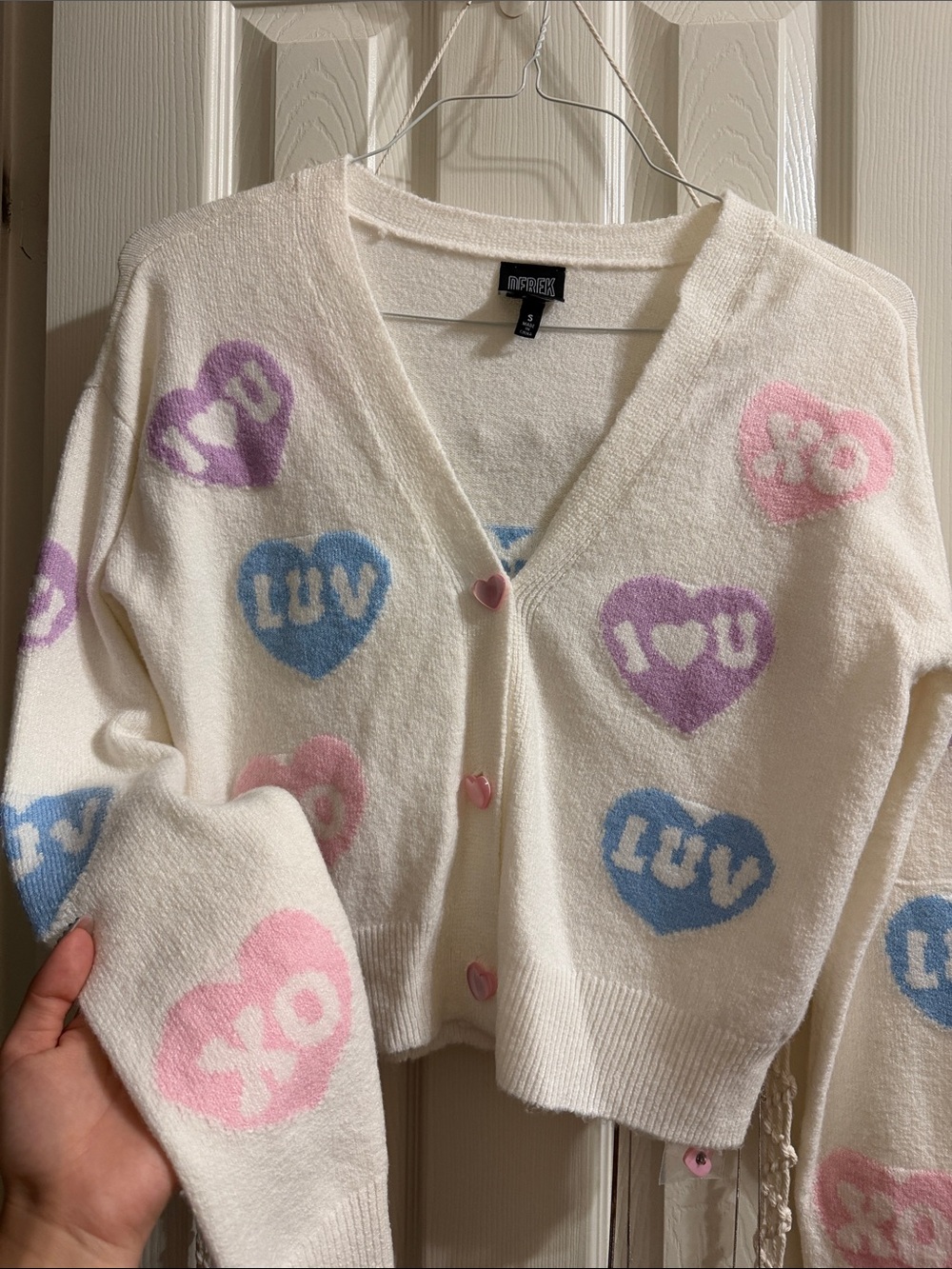 Cream Heart-Print Button Cardigan Sweater - Pastel Hearts